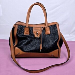 London Fog Black Ostrich Embossed Cognac Brown Satchel Handbag w/ Shoulder Strap
